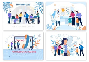 Medical Posters Advertising Treatment for Sick People Characters with Health Problem. Flu, Cold, Fever Cure. Psychological Hotline Service. Family Doctor and Psychologist. Vector Cartoon Illustration