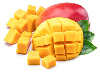 Mango fruit with mango cubes. Isolated on a white background.