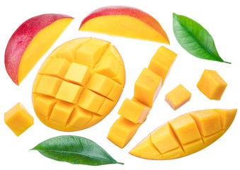 Set of mango slices, mango cubes and leaves. Isolated on a white background. File contains clipping path.