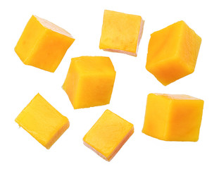 Set of mango cubes isolated on a white background.