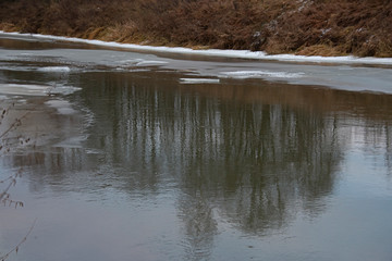 First ice on russian river under Moscow