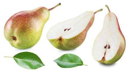 Ripe pear half of pear and pear leaves on white background. Clipping path.