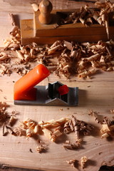 wood shavings and jointer on the joiner's table