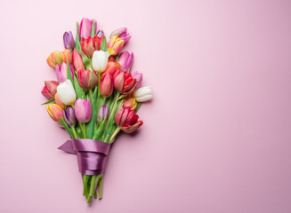 Colorful bouquet of tulips on white background.