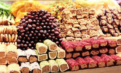 Traditional turkish delights from nuts, sugar, syrup and dried fruits