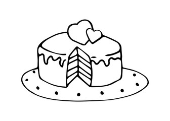 Valentine's day cake cut with hearts. Hand-drawn, vector illustration.
