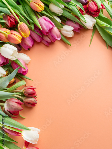 Colorful  bouquet of tulips on orange background.