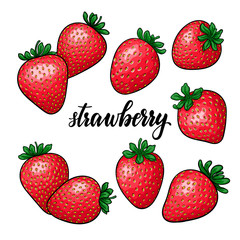 set of Beautiful cartoon red strawberry with lettering text strawberry. symbol of summer. design for holiday greeting card and invitation of seasonal summer holidays, beach parties, tourism and travel