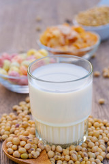 Close-up Soymilk on the table with copy space.breakfast concept.soybeans dry on table