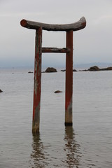 水の上に立つ古い鳥居