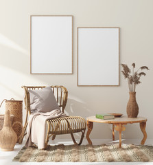 Mock up frame in home interior with rattan furniture, Scandi-boho style, 3d render
