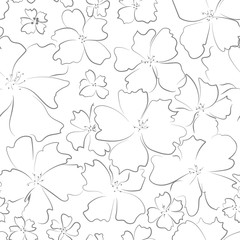 Hand drawn gray contours of abstract flowers on white background.