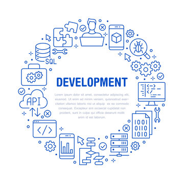 Software development circle poster with flat line icons. Programming language flyer, application, api, computer tester, program develop vector illustration. Outline concept for brochure design