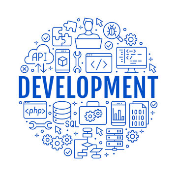 Software development circle poster with flat line icons. Programming language flyer, application, api, computer tester, program develop vector illustration. Outline concept for brochure design