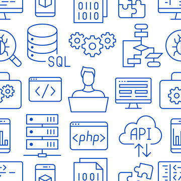 Software development seamless pattern with flat line icons. Programming language background, application, api, computer program develop vector illustration. Outline wallpaper for website design
