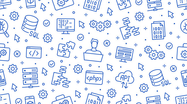 Software Development Seamless Pattern With Flat Line Icons. Programming Language Background, Application, Api, Computer Program Develop Vector Illustration. Outline Wallpaper For Website Design