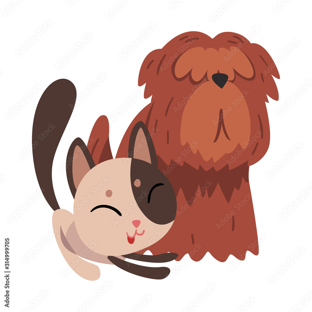 Sticker Funny Cat and Dog Playing Together, Cute Pets Animals Characters are Best Friends Vector illustration