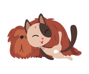 Funny Cat and Dog Sleeping Together, Cute Pets Animals Characters are Best Friends Vector illustration