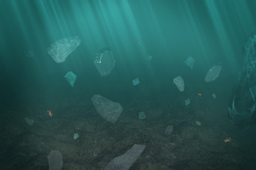Plastic submerged in the sea concept