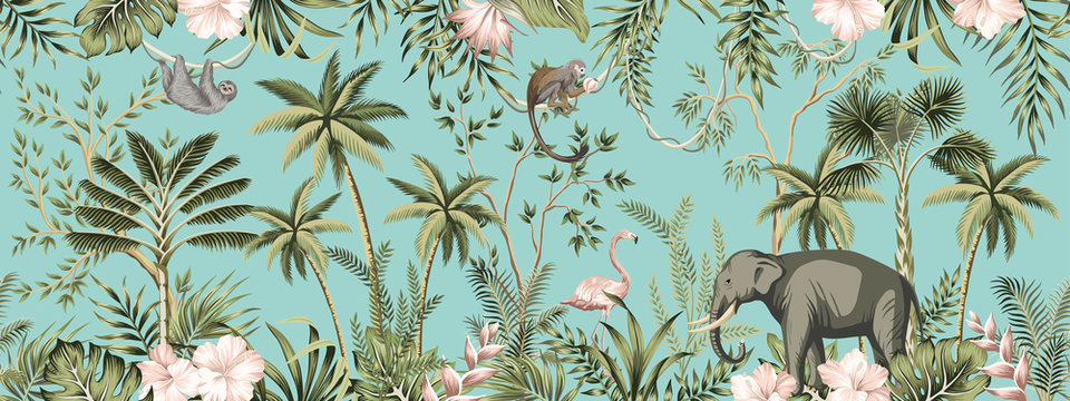 Tropical vintage botanical landscape, hibiscus flower, palm tree, plant, palm leaves, sloth, monkey, elephant, flamingo floral seamless border turquoise background. Jungle animal wallpaper.