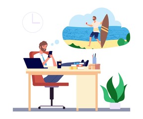 Dreaming man. Office manager dreams about beach vacation and surfing vector concept. Illustration man dream about summer surfing vacation