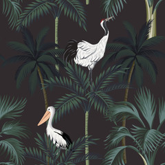 Tropical vintage night botanical landscape, green palm tree, crane, pelican floral seamless pattern dark background. Exotic jungle wallpaper.