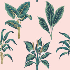 Tropical vintage plants floral botanical seamless pattern pink background. Exotic jungle wallpaper.