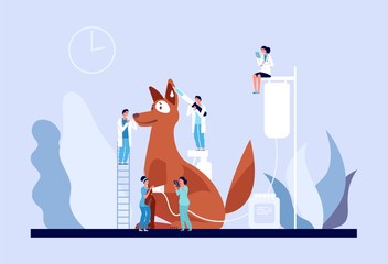 Veterinary concept. Veterinarian clinic, tiny doctors caring puppy. Vet services for pets, medical care for dog vector illustration. Dog visit veterinary veterinarian specialist examination