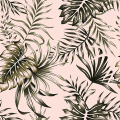 Tropical floral foliage palm leaves seamless pattern pink background. Exotic jungle wallpaper.