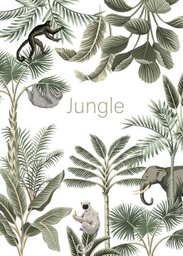 Tropical jungle slogan palm leaves, banana tree, monkey, elephant, sloth wild animal vintage floral illustration. Exotic frame card. © good_mood
