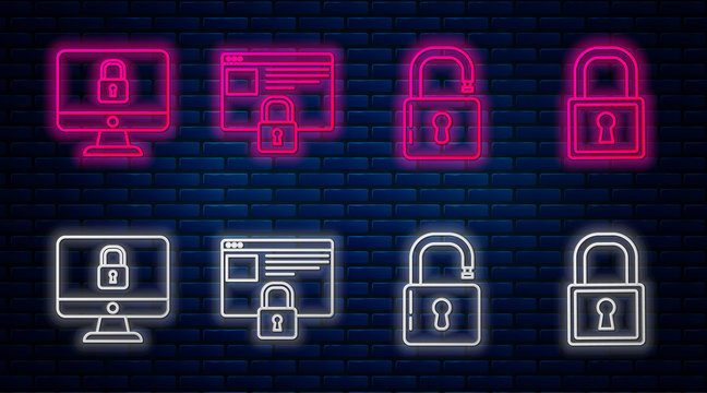 Set line Secure your site with HTTPS, SSL, Open padlock , Lock on computer monitor screen and Lock . Glowing neon icon on brick wall. Vector