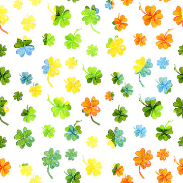 Four leaf clover for luck. Seamless pattern, color image.