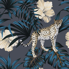 Tropical vintage Hawaiian dark blue palm leaves, white hibiscus flower, wild animal leopard floral seamless pattern grey background. Exotic jungle wallpaper.