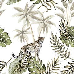 Behang Botanische print Tropische vintage botanische landschap, palmboom, palmbladeren, luipaard dierlijke naadloze bloemmotief witte achtergrond. Exotisch jungle dier behang.