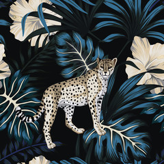 Tropical vintage Hawaiian night, dark blue palm leaves, white hibiscus flower, wild animal leopard floral seamless pattern black background. Exotic jungle wallpaper.