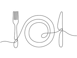 One line art. Plate knife, fork continuous outline drawing. Decoration for cafe or kitchen, restaurant or menu. Cutlery vector illustration. Plate drawing outline with dishware contour © MicroOne