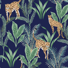 Tropical vintage leopard animal, green plant floral seamless pattern dark background. Exotic jungle wallpaper.              