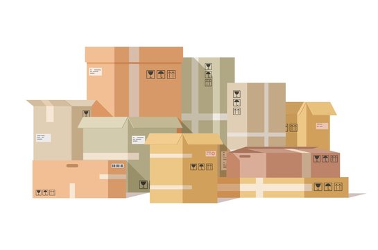 Cardboard boxes stacked. Carton box, pile fragile parcels. Warehouse shipping cargo packaging. Delivery paper package vector illustration. Carton box pack, shipping cardboard, cargo delivery packaging