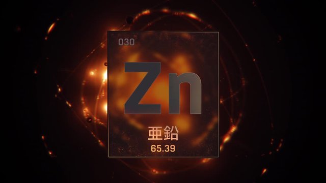 Zinc as Element 30 of the Periodic Table. Seamlessly looping 3D animation on orange illuminated atom design background with orbiting electrons. Design shows name, atomic weight and element number