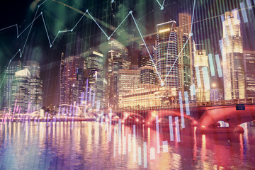 Financial chart on city scape with tall buildings background multi exposure. Analysis concept.
