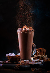 Glass of hot chocolate cocoa drink sprinkled with cocoa powder. Dark background. Winter food and drink concept with Copy space
