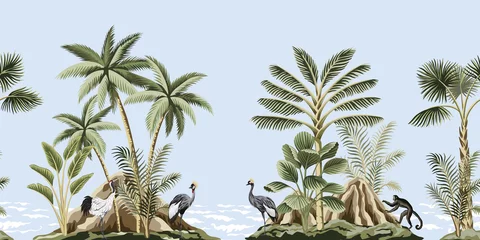 Foto op Plexiglas Vintage botanisch landschap Tropische vintage botanische landschap, eiland, berg, palmboom, plant, kraan, aap, zee Golf naadloze bloemmotief blauwe achtergrond. Exotische groene jungle dierenrand.