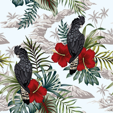  Tropical vintage botanical island, palm tree, mountain, palm leaves, hibiscus flower, black parrot summer floral seamless pattern blue background.Exotic jungle wallpaper.