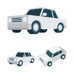 Isometric car vector illustrations collection. Low poly classic sedan car graphic. Simple drawing car top, side and front views. Part of set.