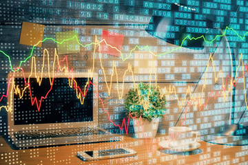 Multi exposure of chart and financial info and work space with computer background. Concept of international online trading.