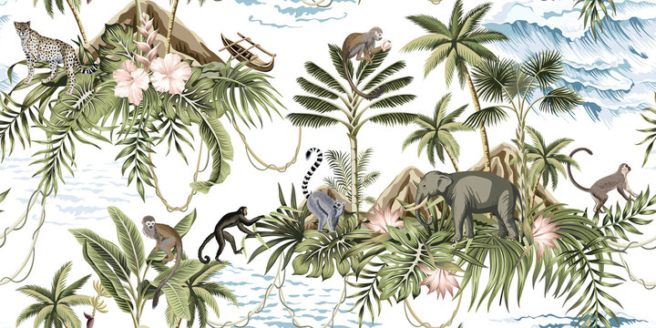 Tropical vintage botanical island, palm tree, mountain, palm leaves, hibiscus flower, elephant, monkey,sloth, leopard, lemur, summer floral seamless pattern white background.Exotic jungle wallpaper. © good_mood