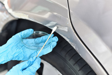 Crime scene investigation, Forensic police collect criminal evidence from car crash accident,...