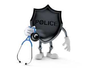 Police badge character holding stethoscope