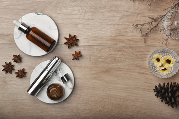 Cosmetic bottle containers packaging with copy space, Product display presentation, Blank label for organic branding mock-up, Natural skincare beauty product concept.