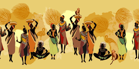 African women in national clothes horizontal seamless pattern. Beautiful black females. Tribal art. People of South Africa, vector illustration © Matrioshka